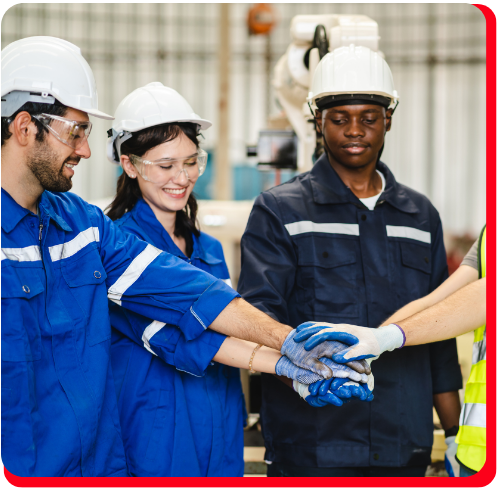 Toronto industrial restoration team joining hands in safety gear, symbolizing unity and collaboration in factory restoration projects.